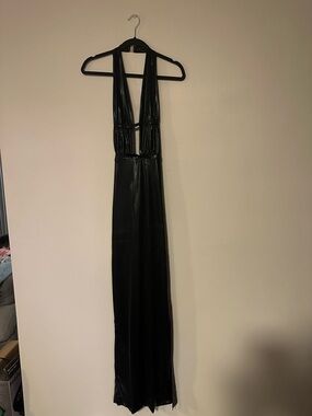 Black Halter Plunge Satin Maxi Dress - Women